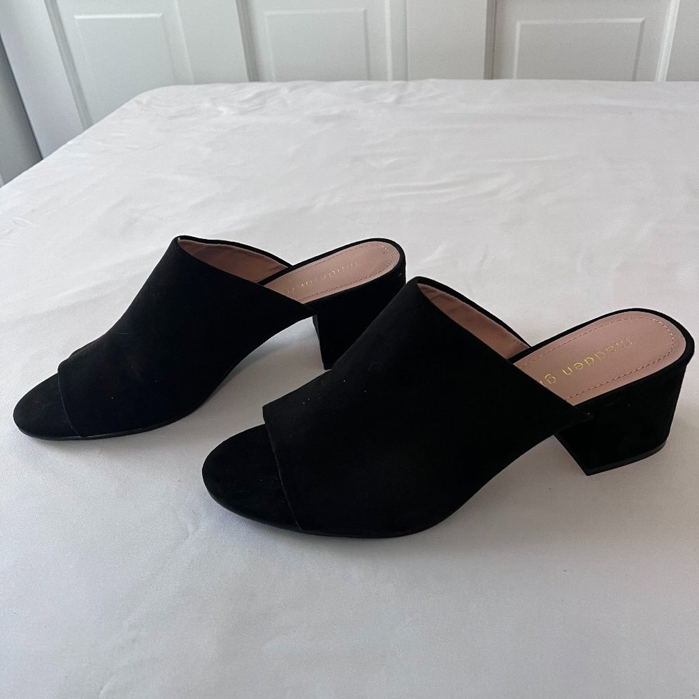 Madden Girl, Black Suede Mules, Block 2 Inch Heel  - Size 7.5